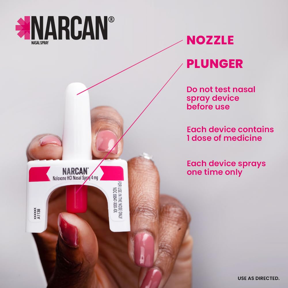 NARCAN nasal spray 4 mg nozzle detail, clean design for quick use.