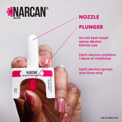 NARCAN nasal spray 4 mg nozzle detail, clean design for quick use.