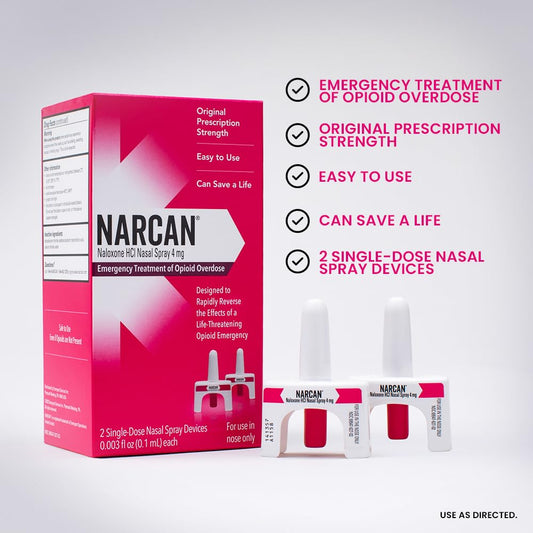 NARCAN nasal spray 4 mg twin-pack, two doses for rapid accessibility.