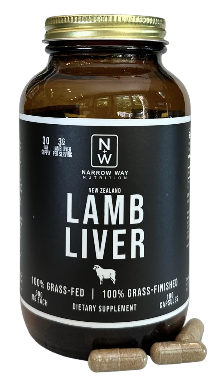 Narrow Way Nutrition lamb liver bottle front displaying 180 capsules for daily vitality.