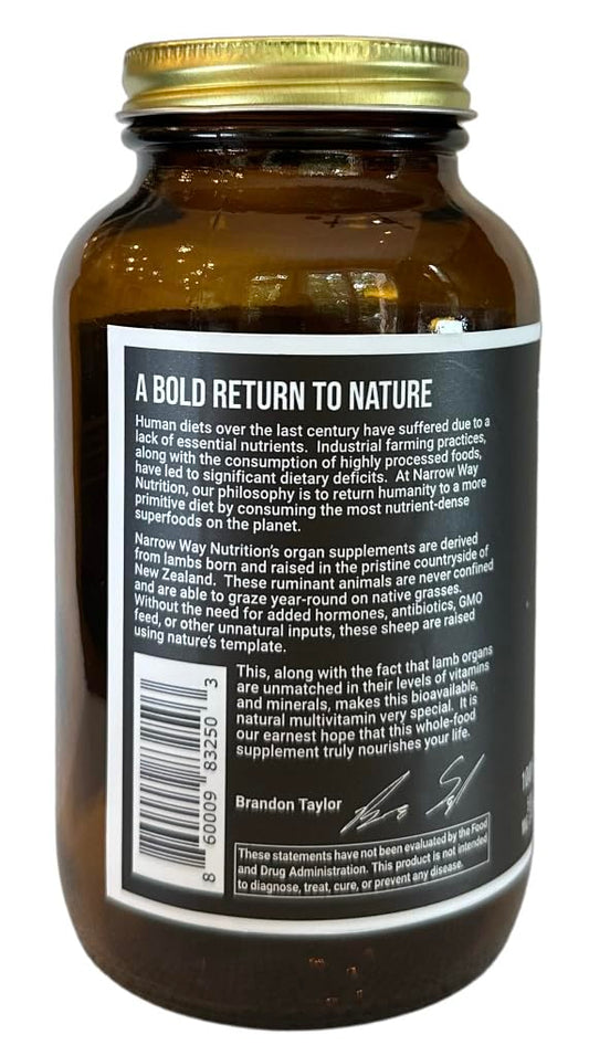 Narrow Way Nutrition lamb liver bottle label highlighting 100% grass-fed source and natural vitamins.