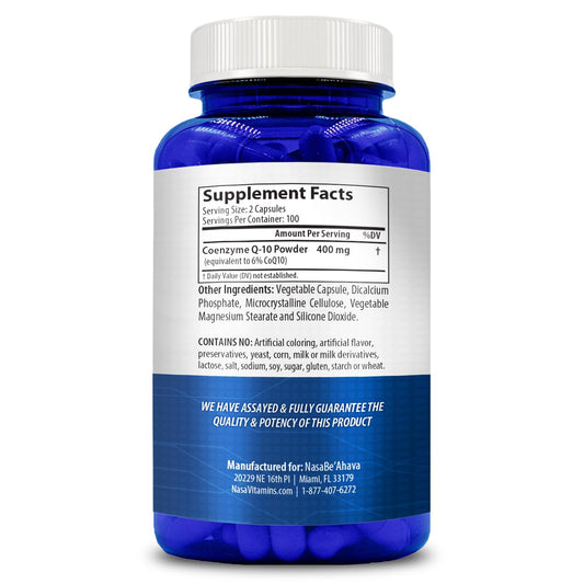 Close-up of CoQ10 capsules from NasaBeahava, vegan-friendly formula.