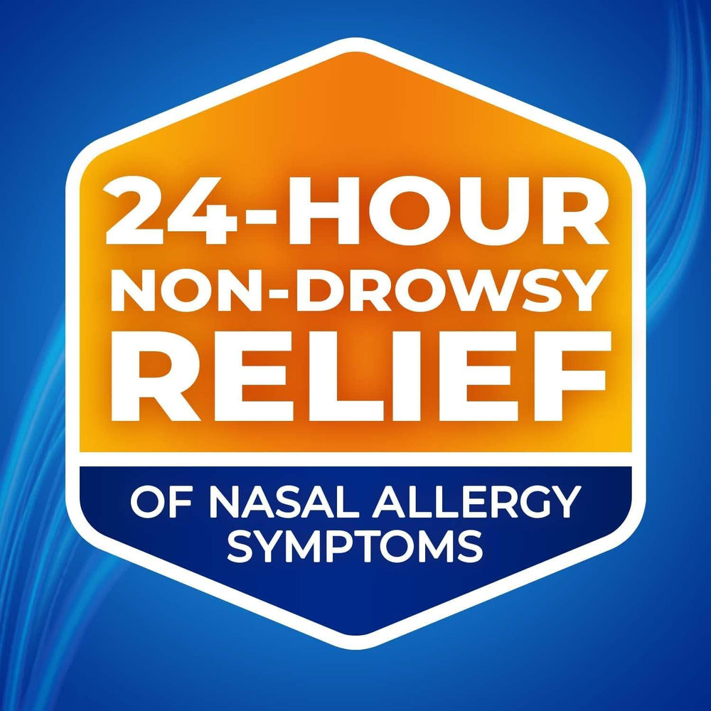 Nasacort Allergy 24 Hr bottle label close-up emphasizes gentle, alcohol-free, scent-free daily formula