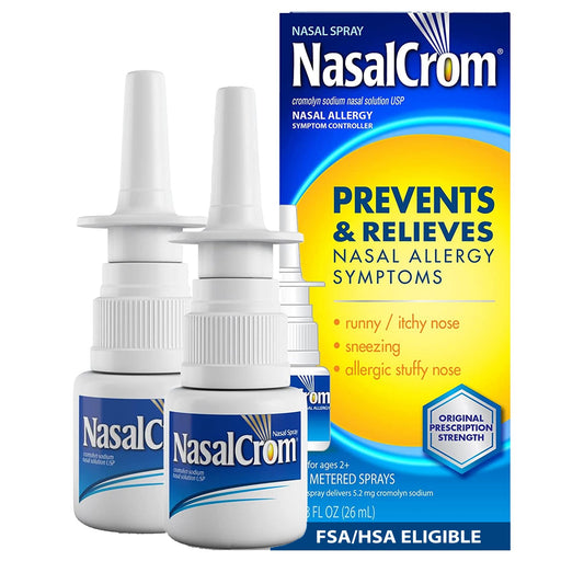 NasalCrom nasal spray bottle showing compact 200-spray design for on-the-go relief