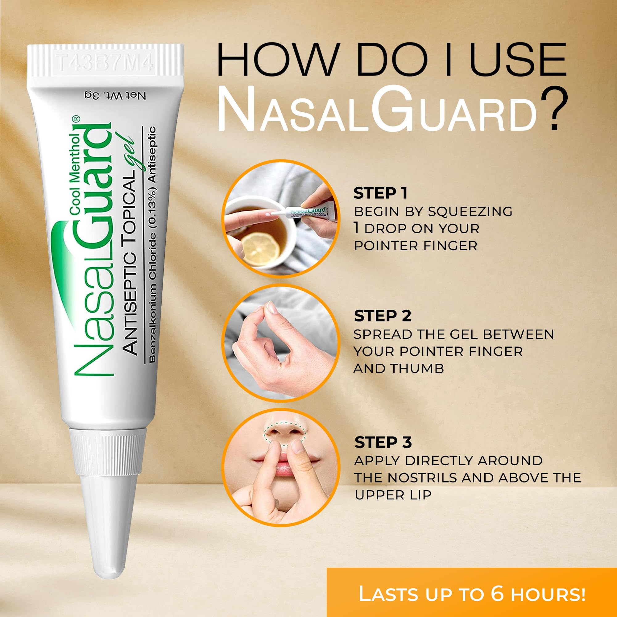 Front view of NasalGuard antiseptic gel tube.