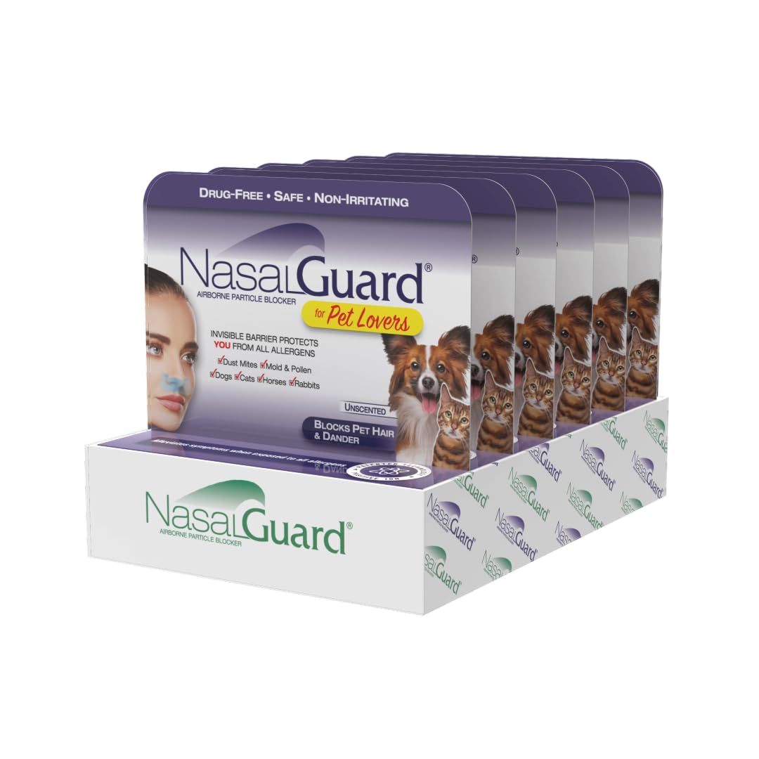 NasalGuard pet dander protection application shows a quick, drug-free nasal shield.
