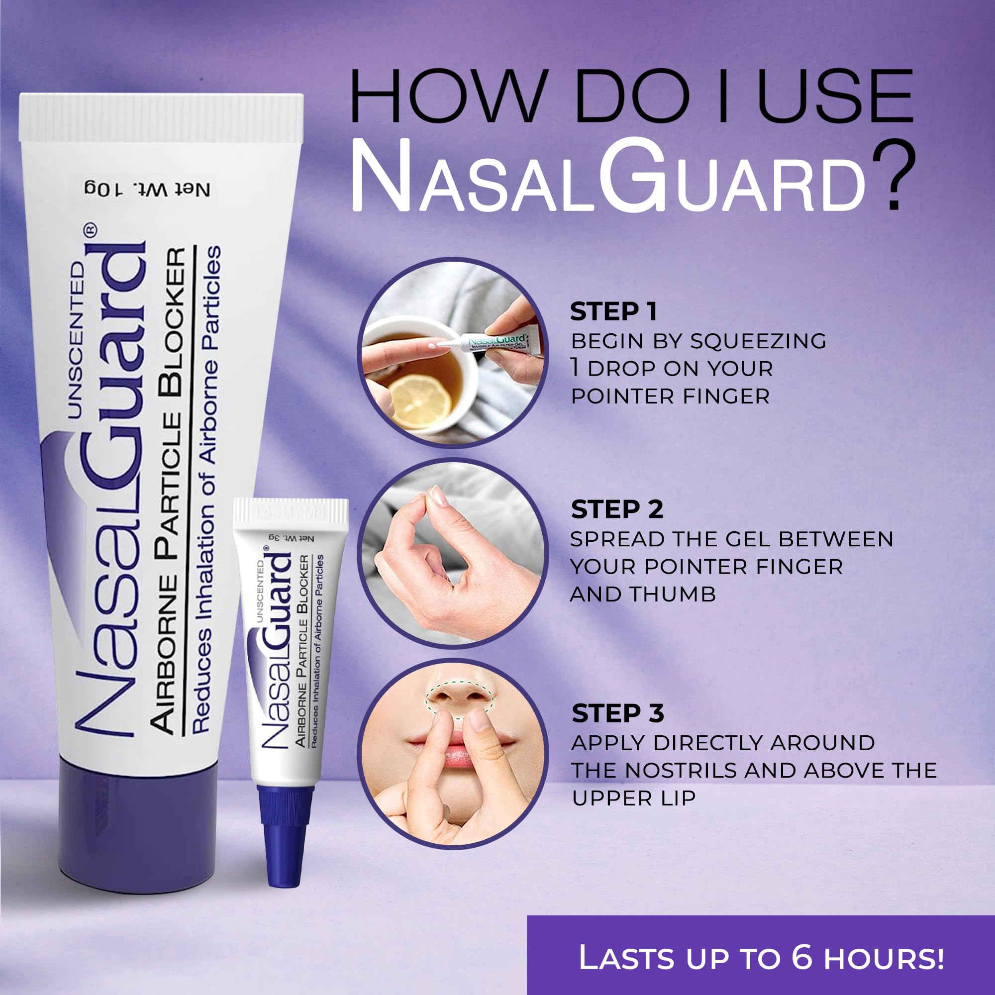 NasalGuard six-hour protection highlight for ongoing travel comfort.