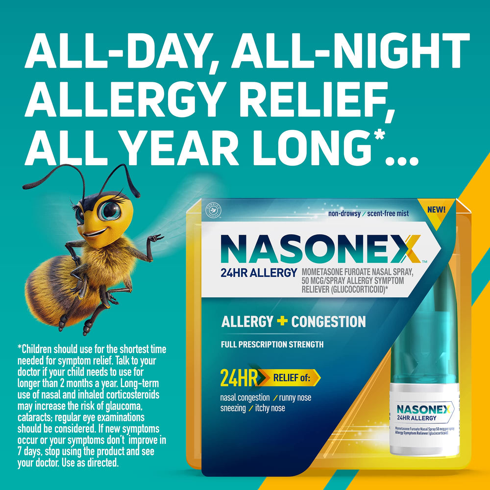 Nasonex 120 sprays two-pack offers convenient daily allergy control.