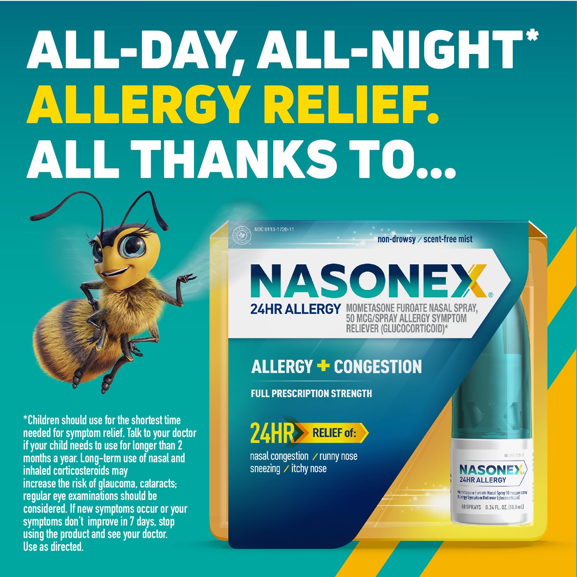 Nasonex 24HR scent-free mist shown for comfortable administration