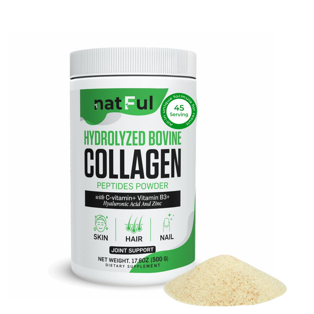 NATFUL Collagen Peptides bottle front showing unflavored formula for versatile mixing.