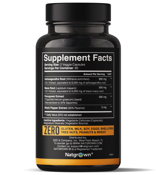 Natgrown Ashwagandha Maca Fenugreek capsules label closeup highlights potency