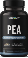 Natgrown Palmitoylethanolamide bottle with 600 mg capsules for occasional discomfort support.