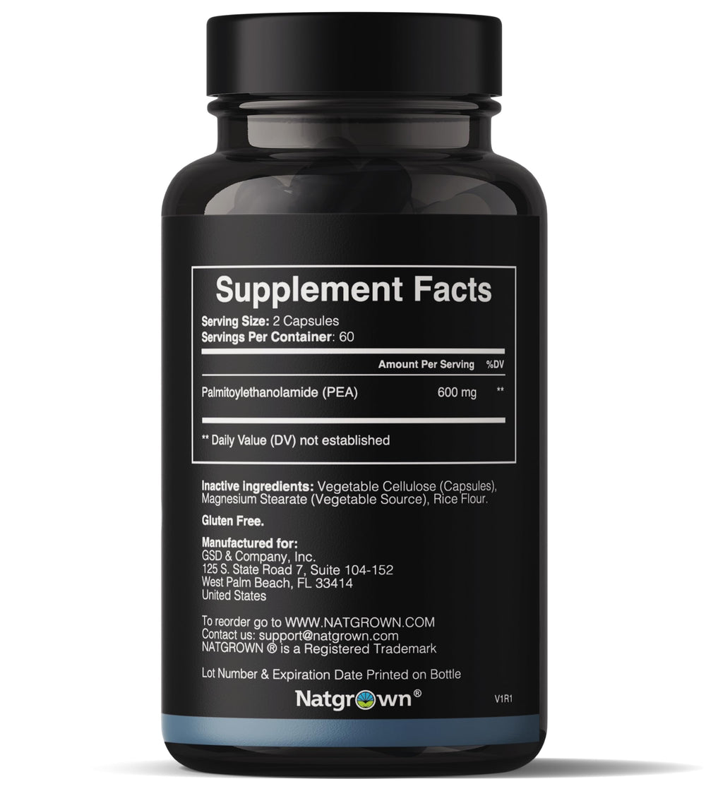 Natgrown PEA capsules close-up showing 600 mg dosage per serving.