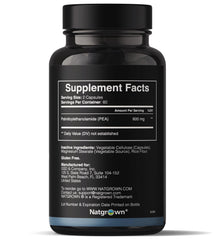 Natgrown PEA capsules close-up showing 600 mg dosage per serving.