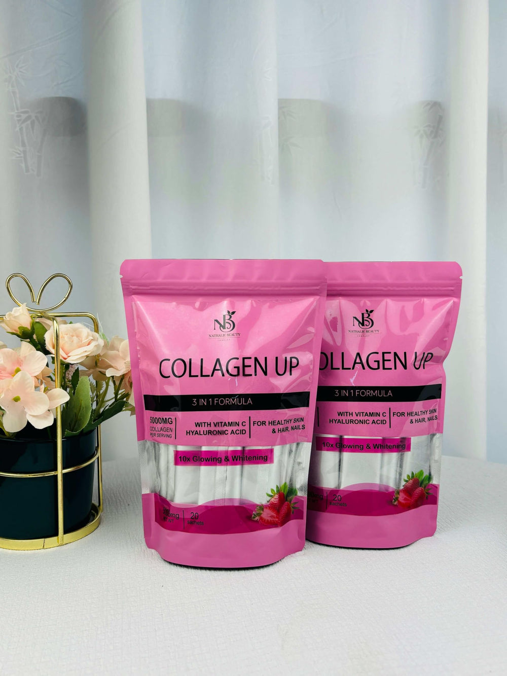 Nathalie Beauty 3 in 1 Collagen Up sachets close up for everyday ease