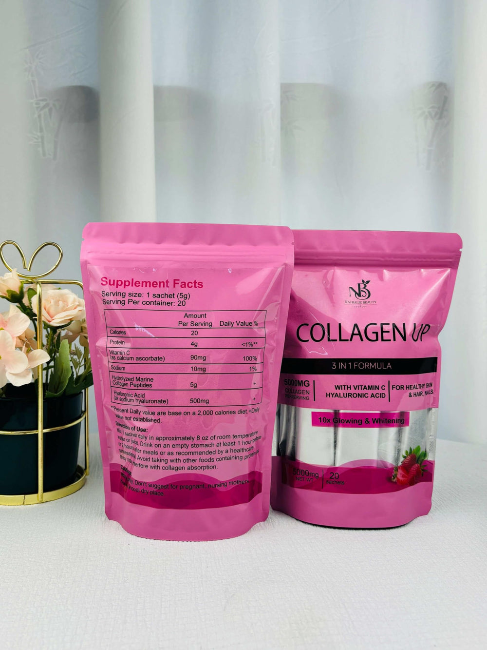 Nathalie Beauty Collagen Up served in a glass for daily beauty ritual