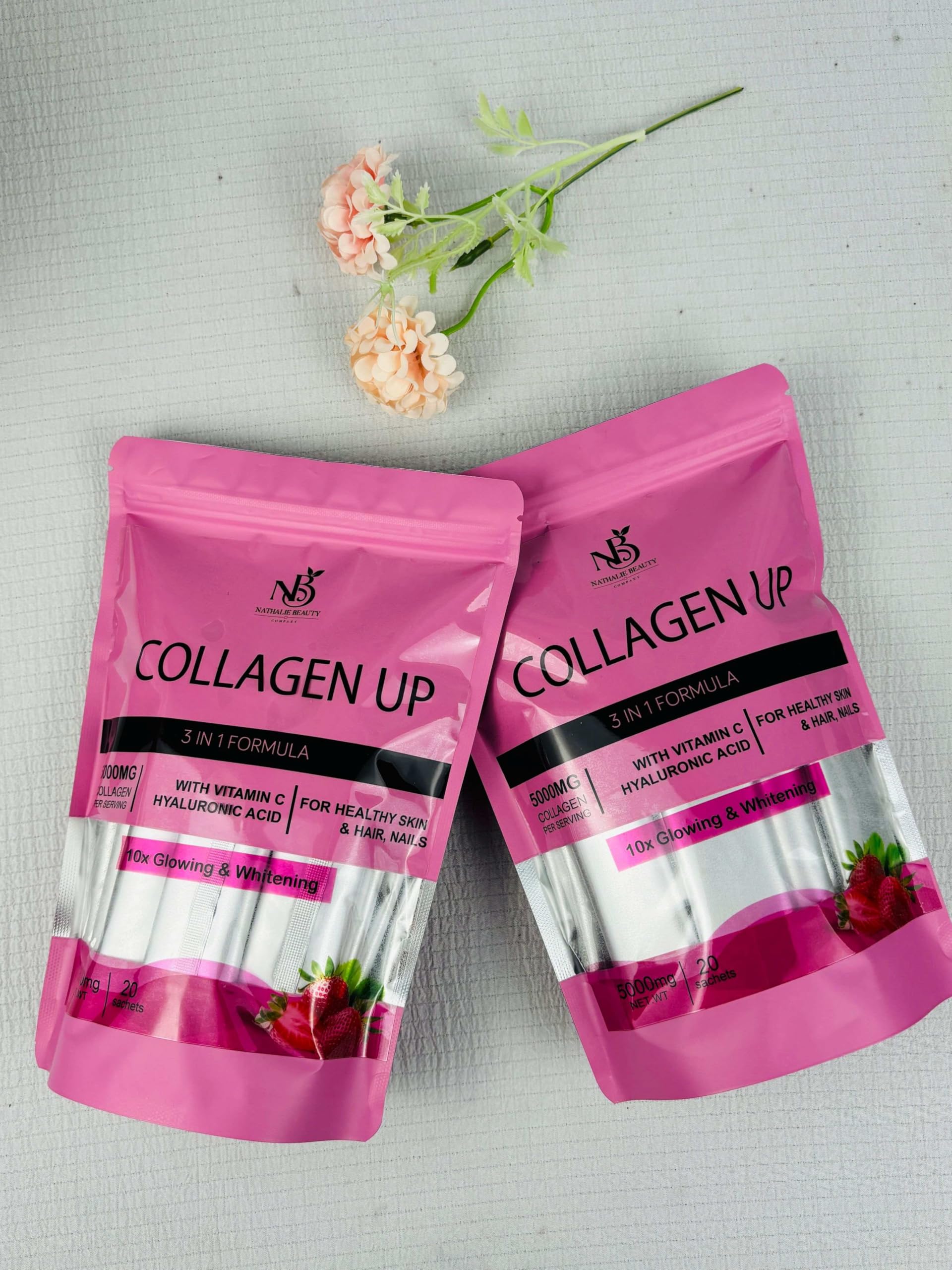 Nathalie Beauty ingredients include marine collagen peptides and hyaluronic acid for hydration