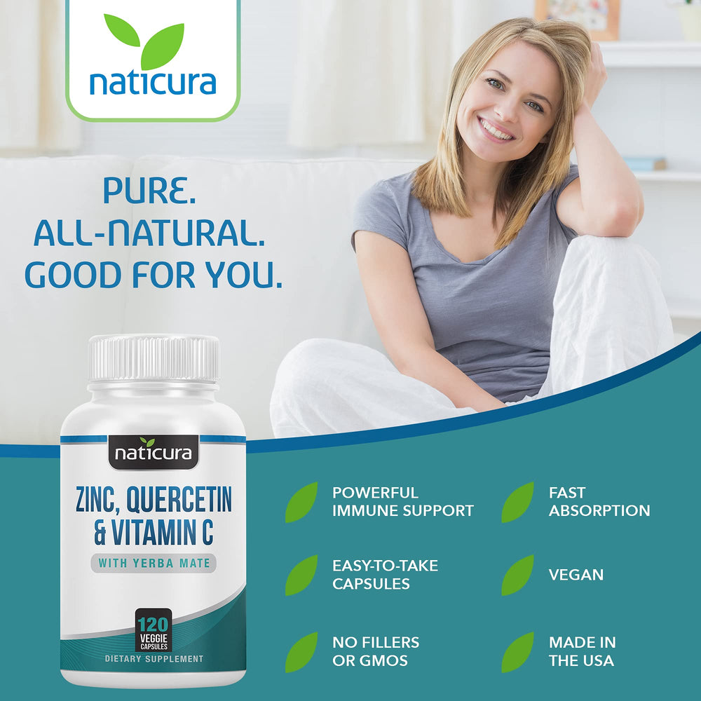 Naticura 4-in-1 formula icon illustrating zinc, quercetin, vitamin C, yerba mate
