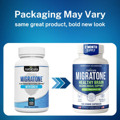 Naticura Migratone capsules close-up with visible vitamin components