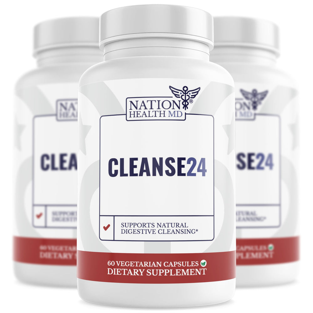 Nation Health MD Cleanse24 bottle front shows capsules for gut support.