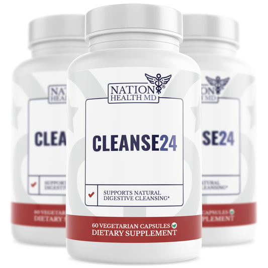 Nation Health MD Cleanse24 bottle front shows capsules for gut support.