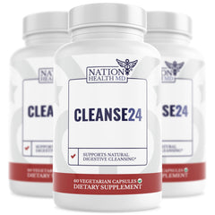Nation Health MD Cleanse24 bottle front shows capsules for gut support.