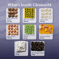 Herbal blend banner highlighting wormwood, papaya, and other ingredients.