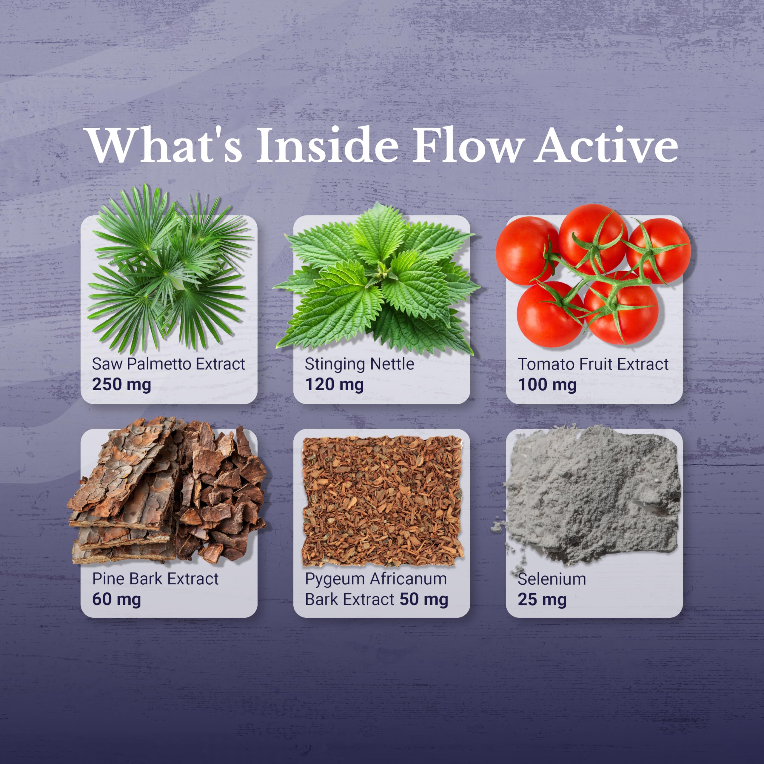 Nation Health MD Flow Active ingredients panel showing pygeum and pine bark extracts for urinary health.