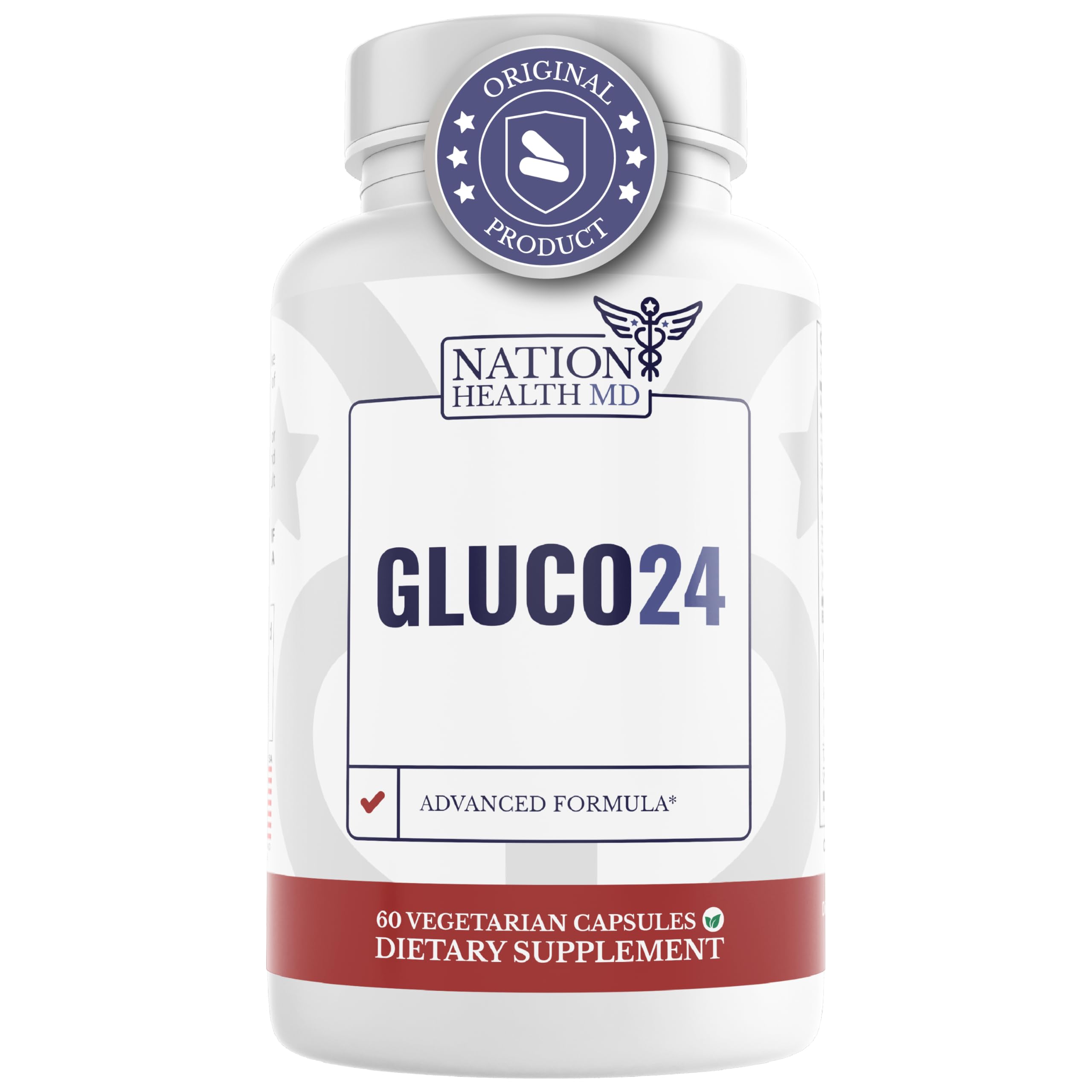 Nation Health MD Gluco24 bottle and cinnamon, suggesting steady energy throughout the day