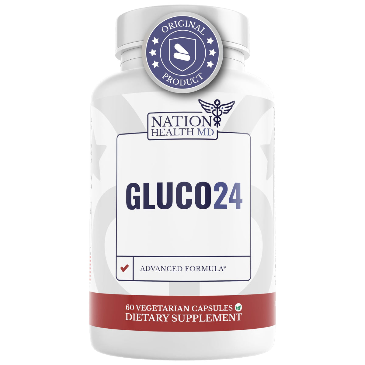 Nation Health MD Gluco24 bottle and cinnamon, suggesting steady energy throughout the day