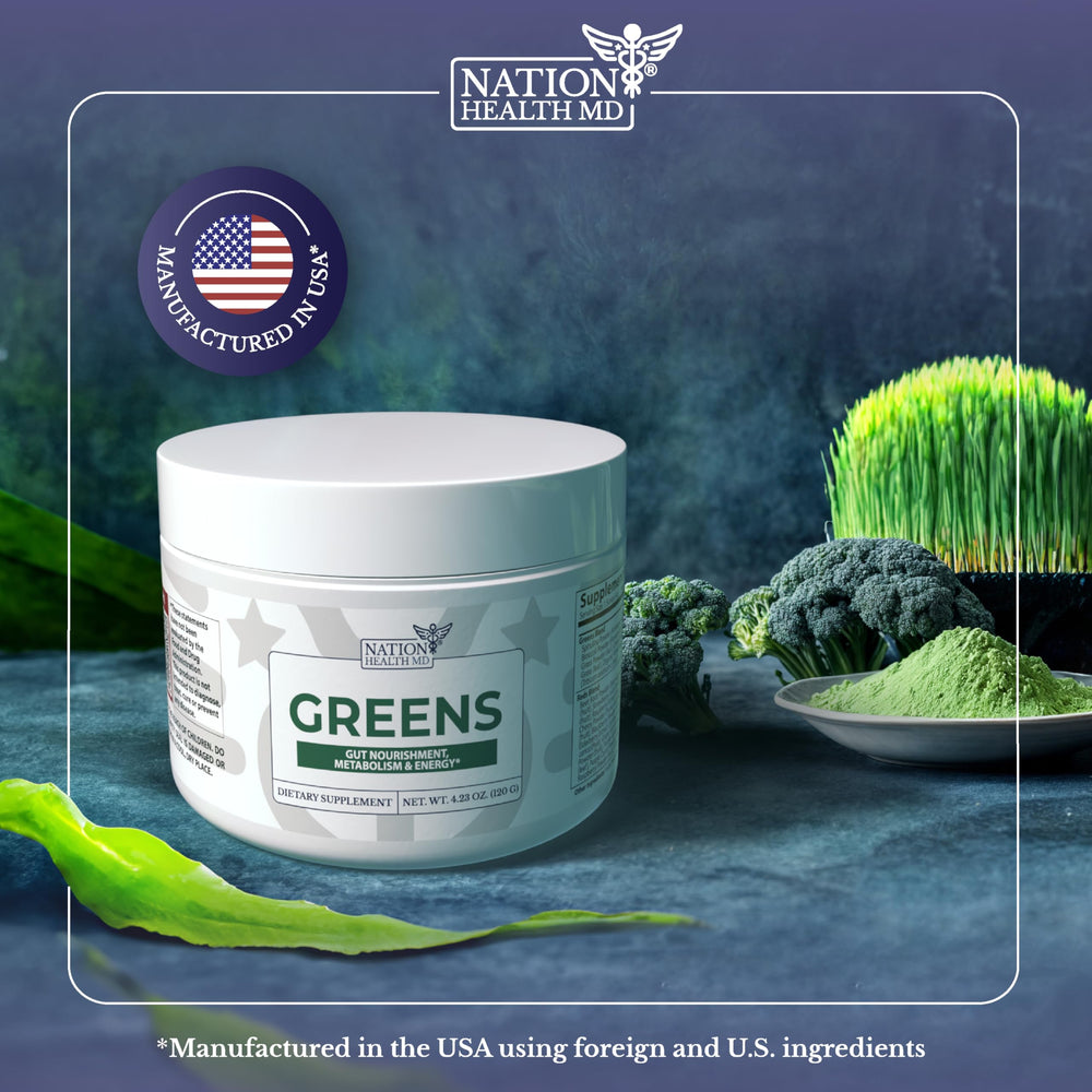 Nation Health MD Greens ingredients panel highlighting spirulina and turmeric for antioxidant nutrition.