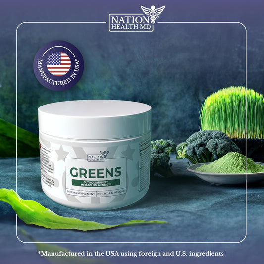 Nation Health MD Greens ingredients panel highlighting spirulina and turmeric for antioxidant nutrition.