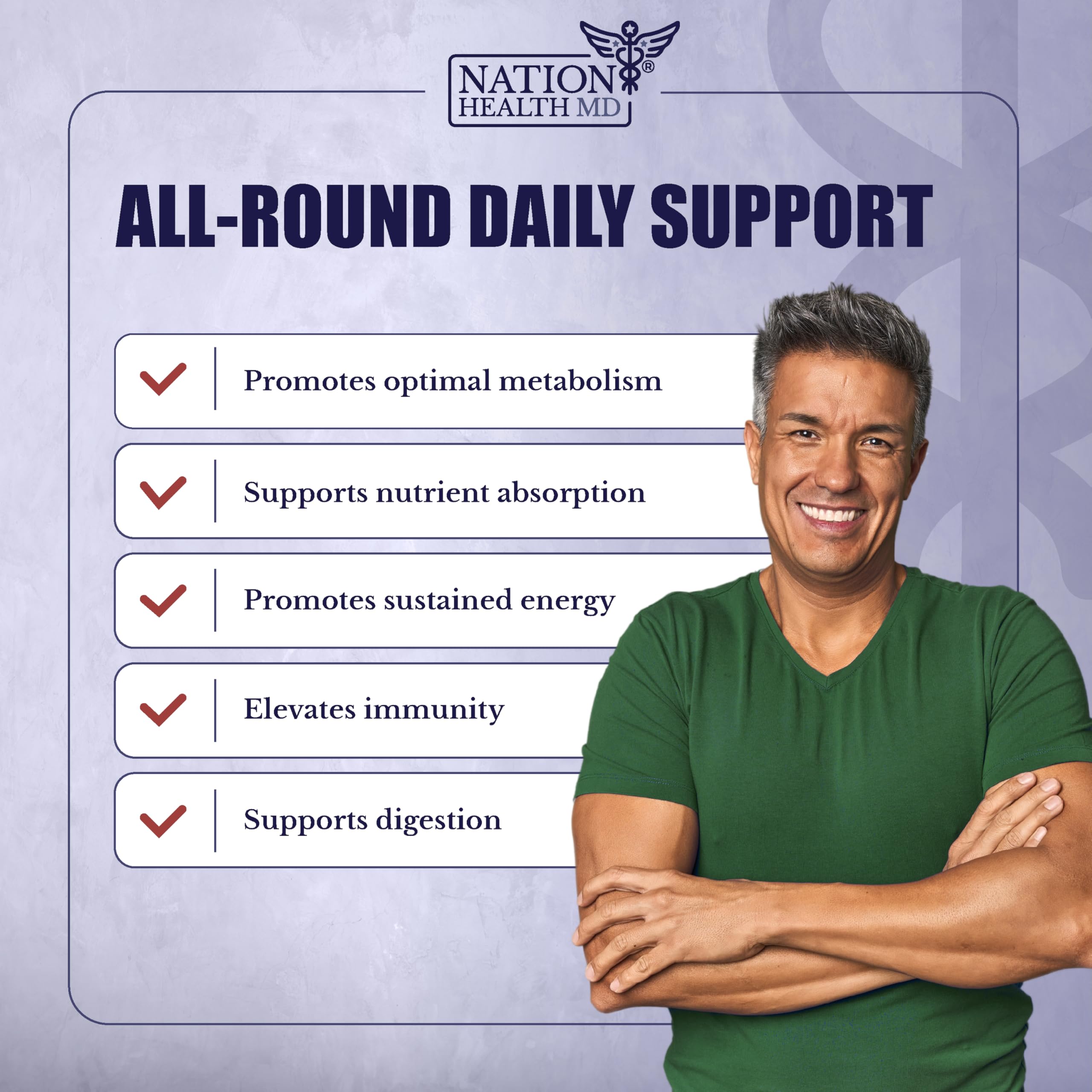 Nation Health MD Greens probiotic blend bottle emphasizing gut health support.