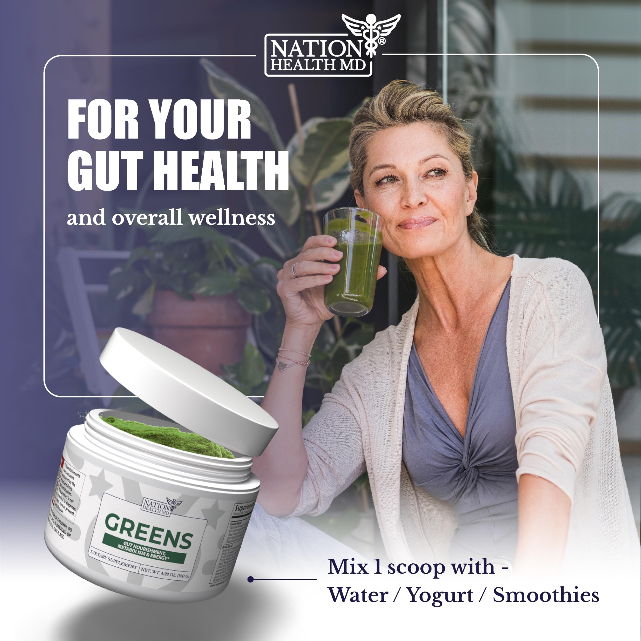 Scoop of Nation Health MD Greens in tub ready for a serving.