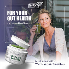 Scoop of Nation Health MD Greens in tub ready for a serving.