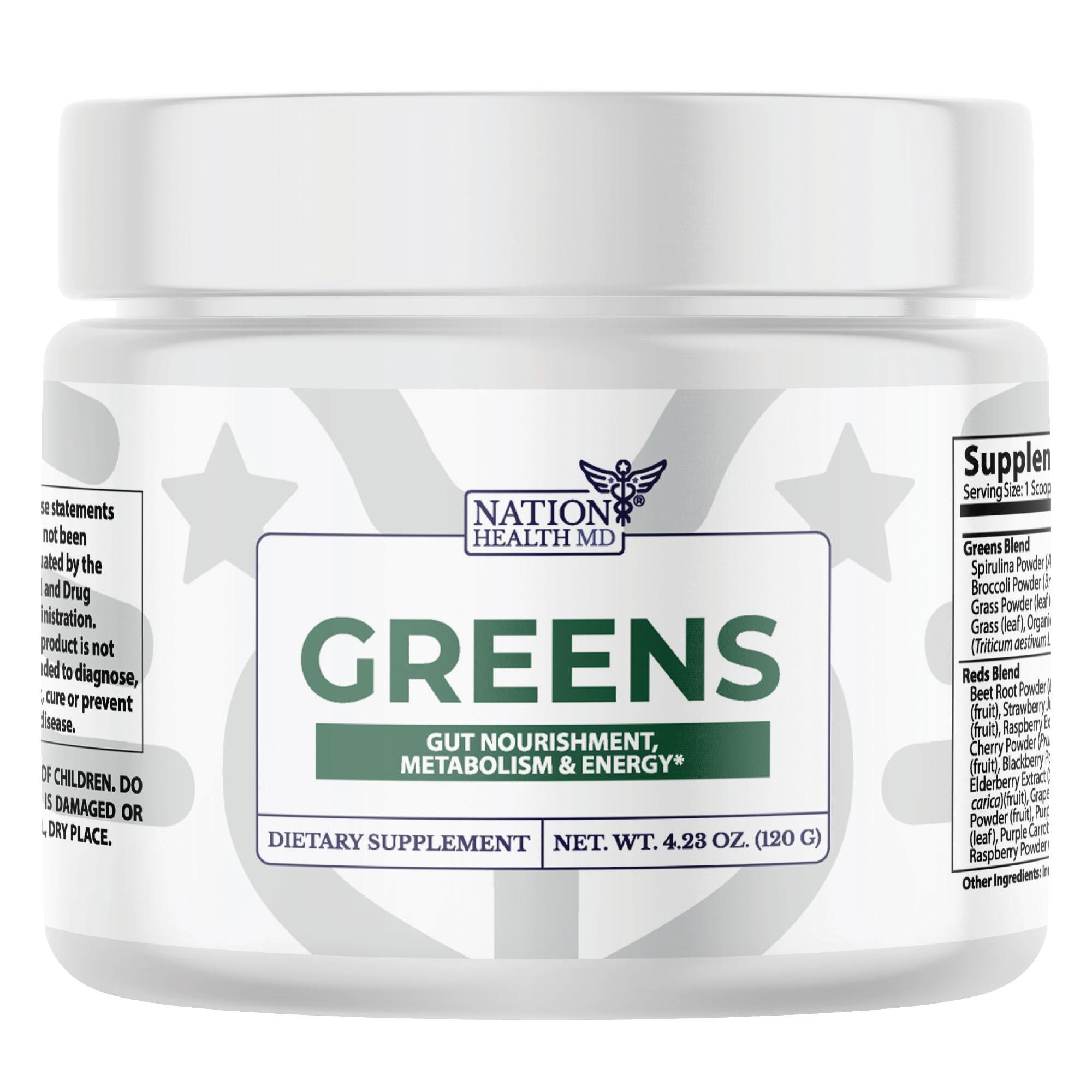 Nation Health MD Greens tub label showing organic greens blend for daily greens support.