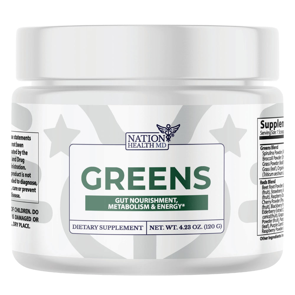 Nation Health MD Greens tub label showing organic greens blend for daily greens support.