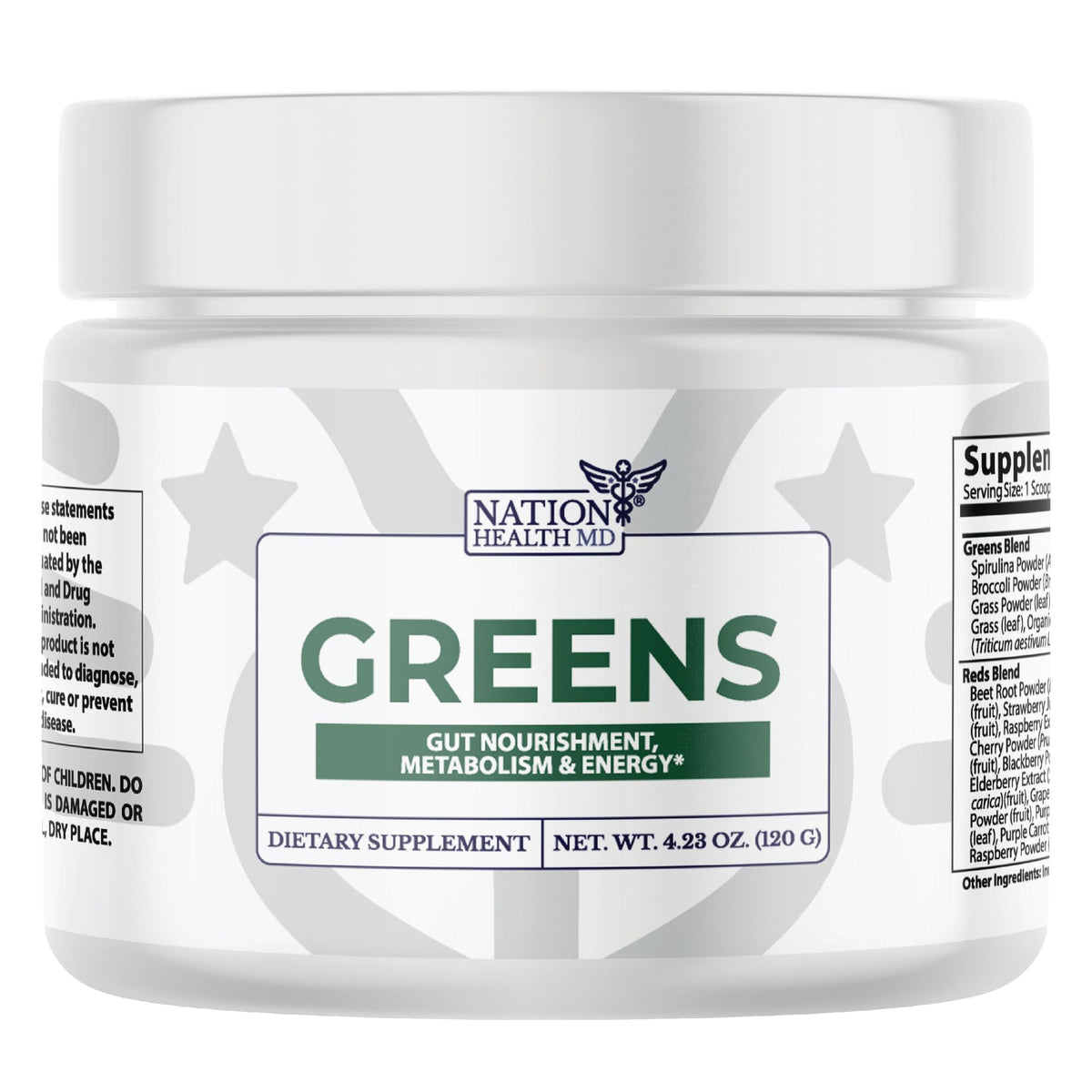 Nation Health MD Greens tub label showing organic greens blend for daily greens support.