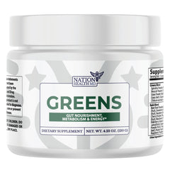 Nation Health MD Greens tub label showing organic greens blend for daily greens support.