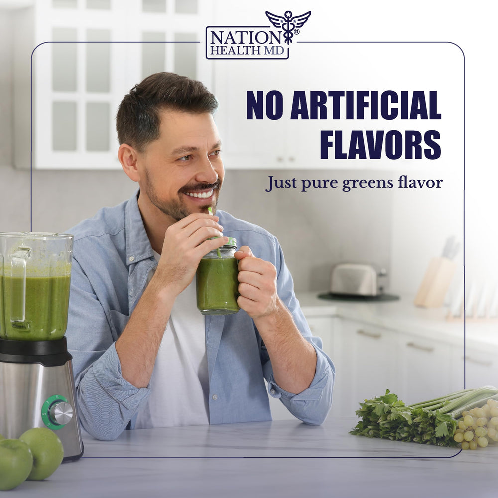 Nation Health MD Greens vegan non GMO badge on the packaging.