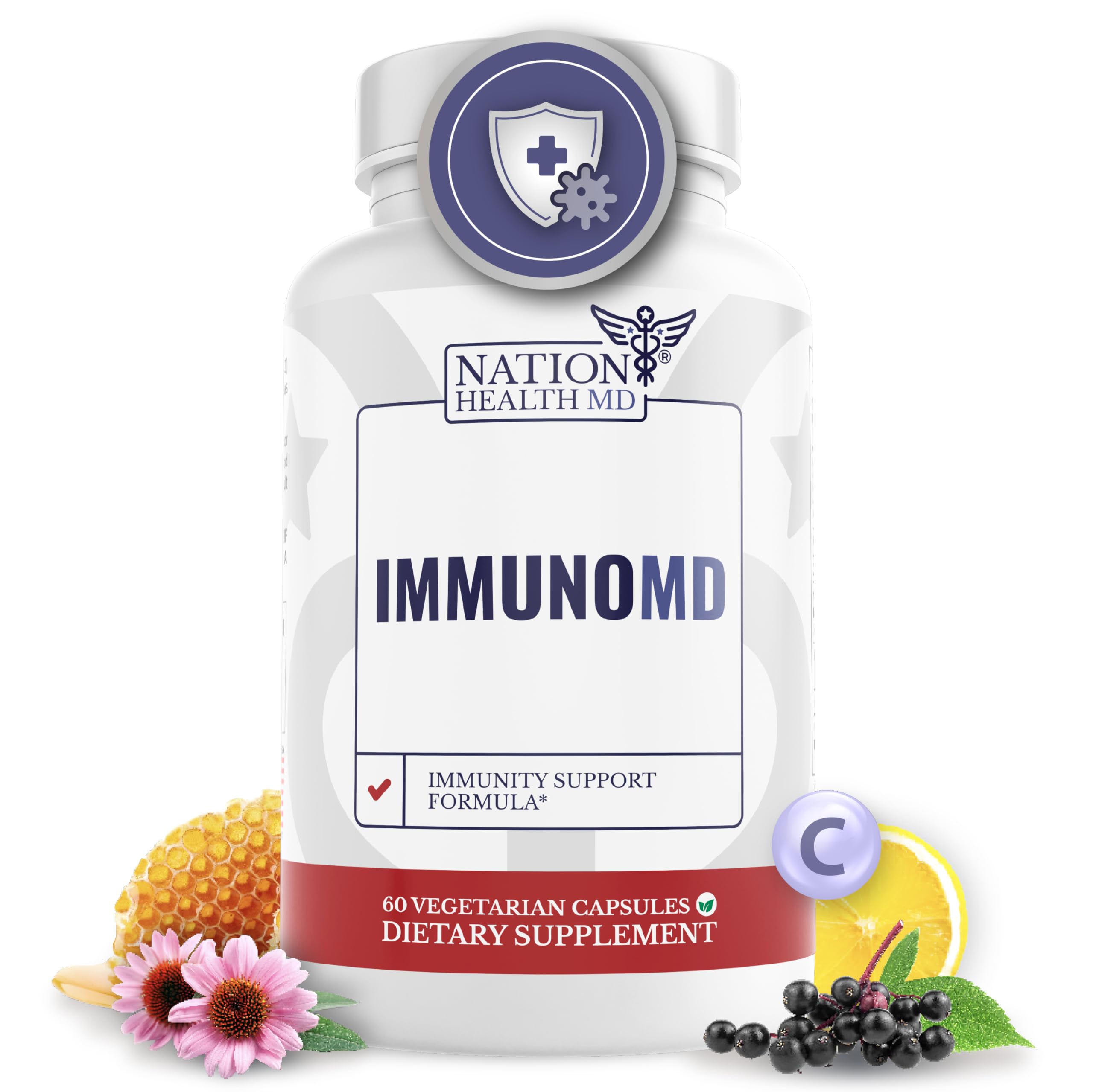 Nation Health MD Immuno MD bottle front shows daily immune support capsules for resilience.