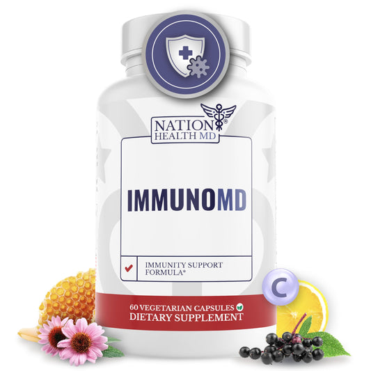 Nation Health MD Immuno MD bottle front shows daily immune support capsules for resilience.