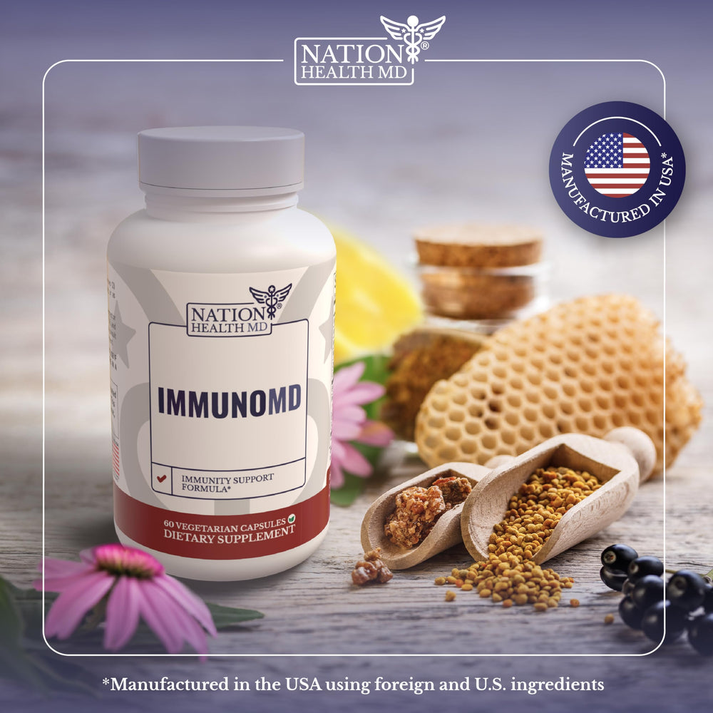 Nation Health MD Immuno MD bottle side image conveys convenient daily dosing.
