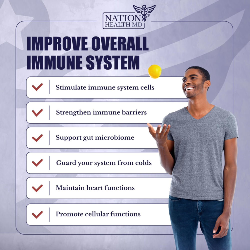 Nation Health MD Immuno MD label detail emphasizes elderberry, zinc, and vitamins.