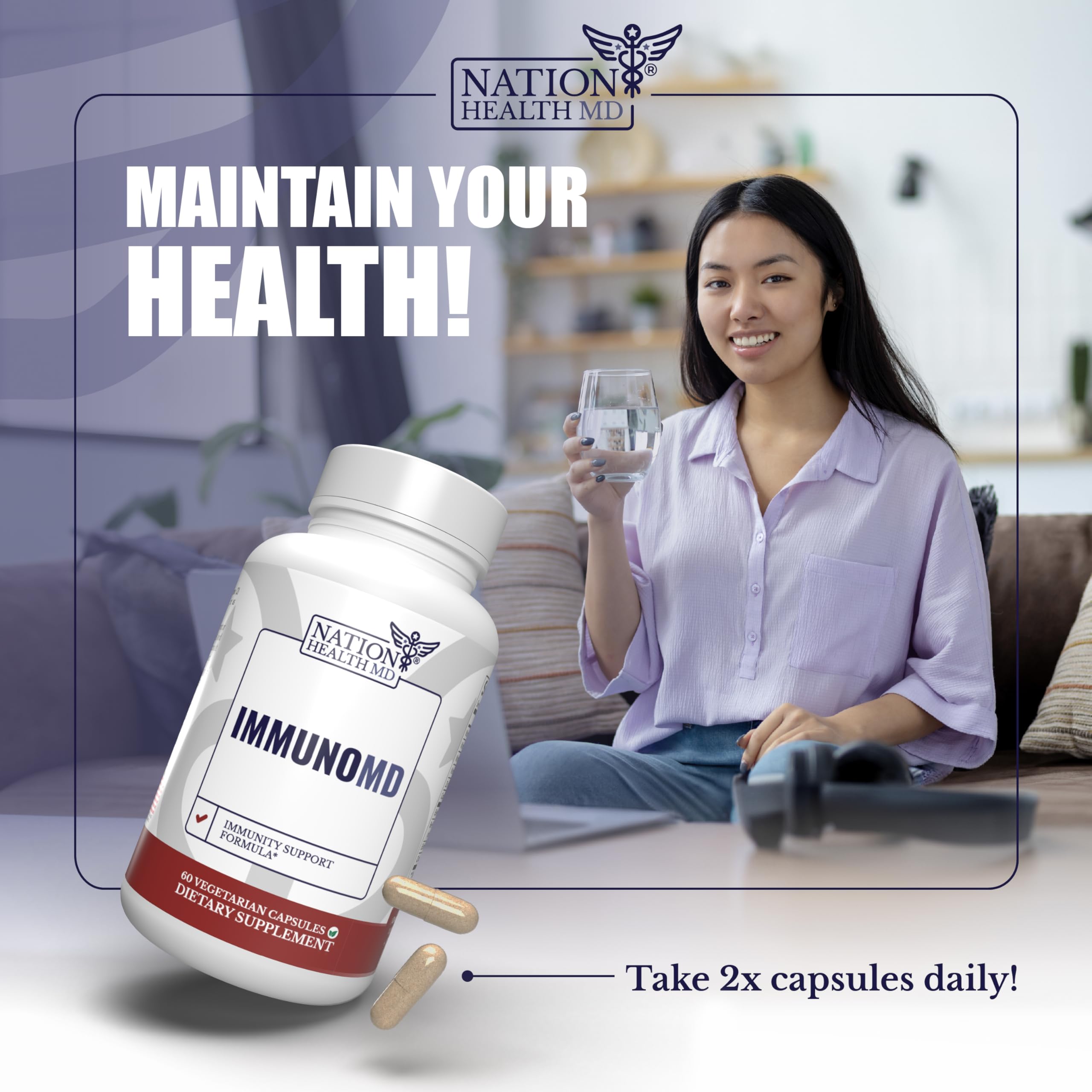 Nation Health MD Immuno MD packaging contents shows 60 capsules for month-long routine.
