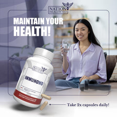 Nation Health MD Immuno MD packaging contents shows 60 capsules for month-long routine.