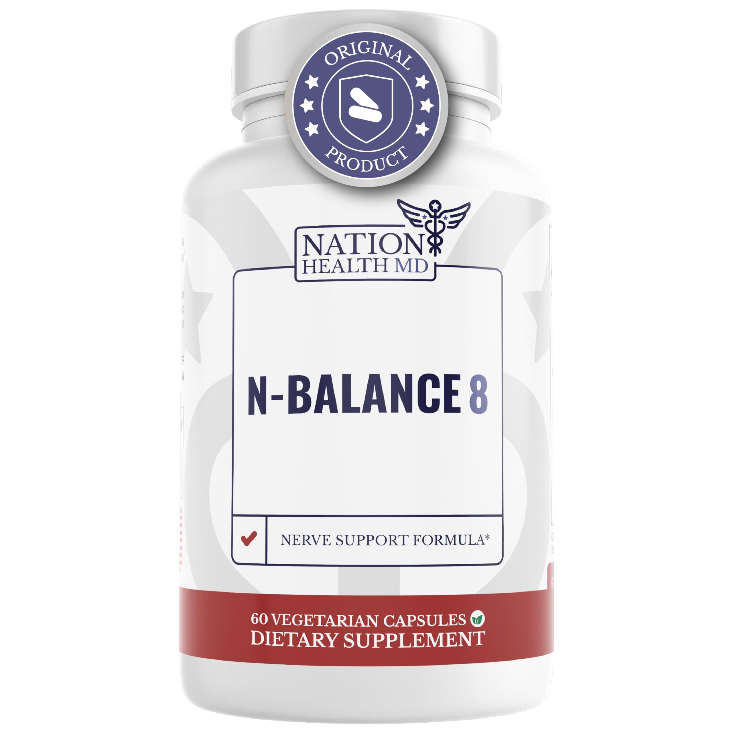 Nation Health MD N-Balance8 bottle front view for convenient nerve support.