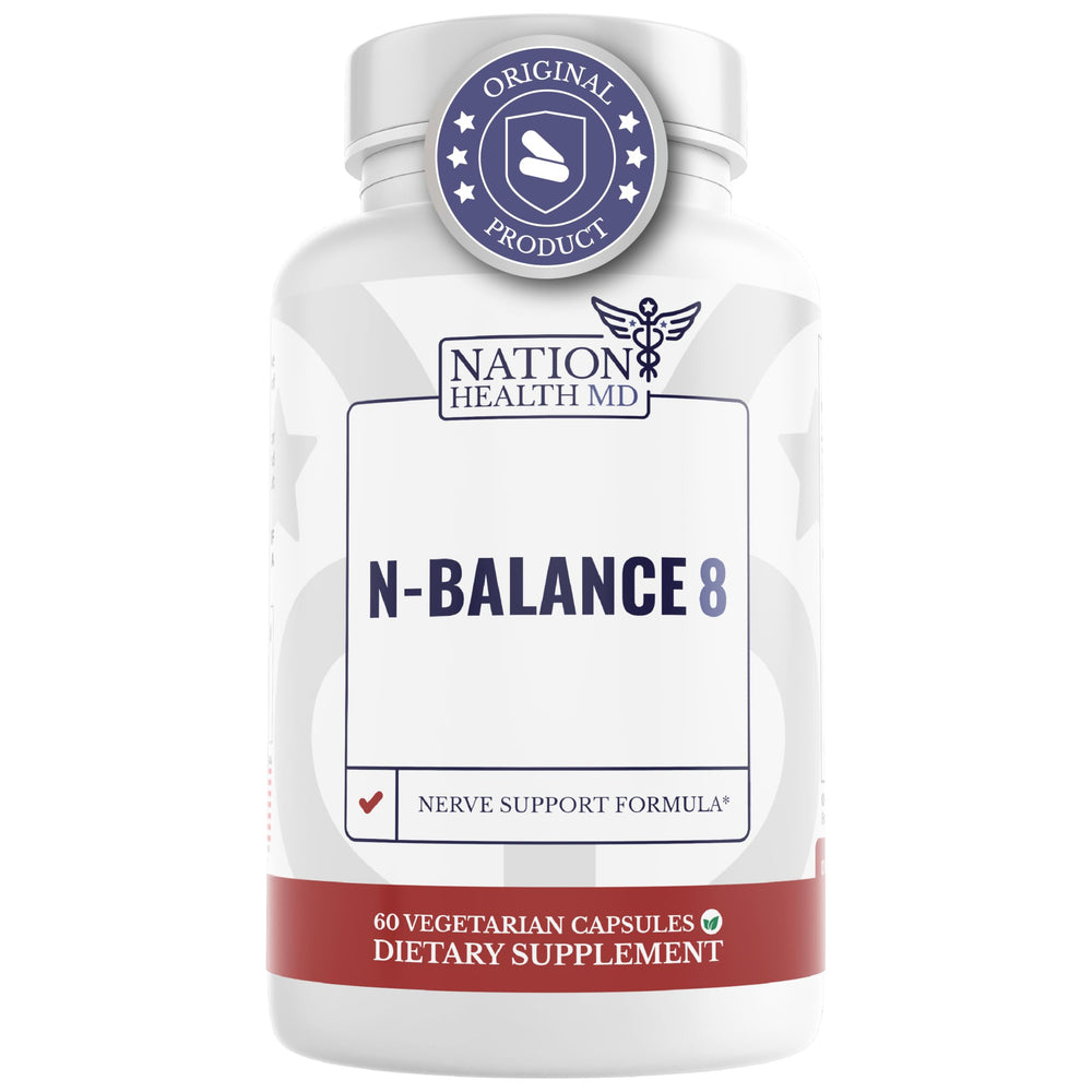 Nation Health MD N-Balance8 bottle front view for convenient nerve support.