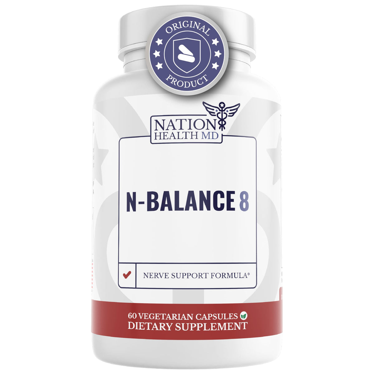 Nation Health MD N-Balance8 bottle front view for convenient nerve support.