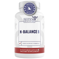 Nation Health MD N-Balance8 bottle front view for convenient nerve support.